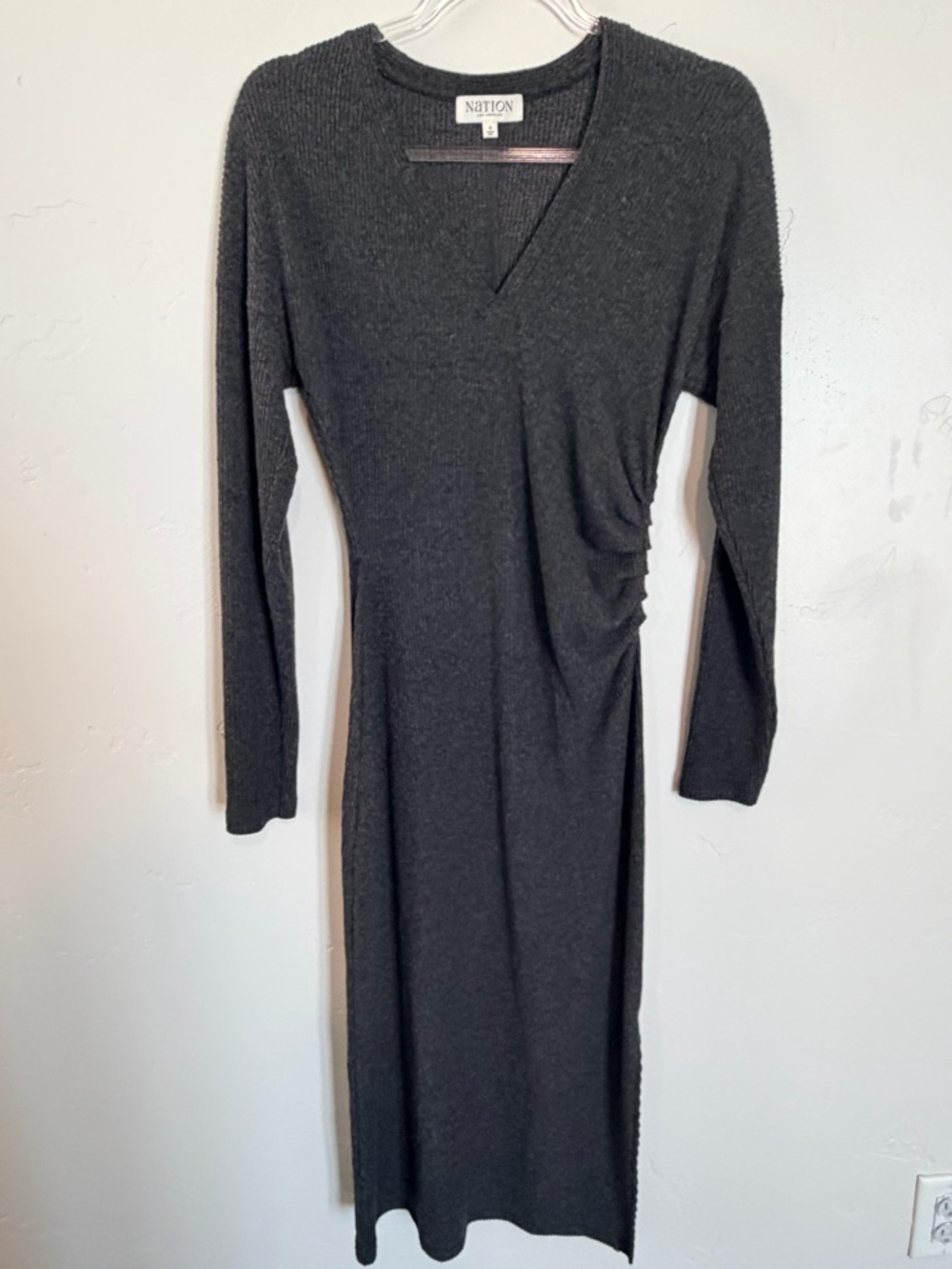 Nation LTD Grey Ruched Midi Dress Long Sleeve Minimalist Body Skimming - Picture 2 of 6